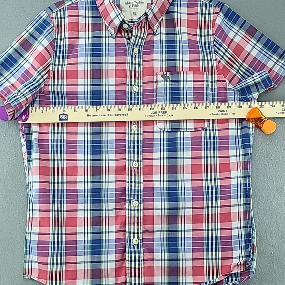 ABERCROMBIE & FITCH Boys Button Down Short Sleeve Red Blue Plaid Shirt - Size XL